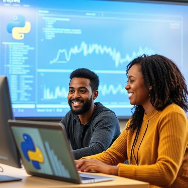 Male and female data scientists analyzing and visualizing data using Python on desktop for data science projects