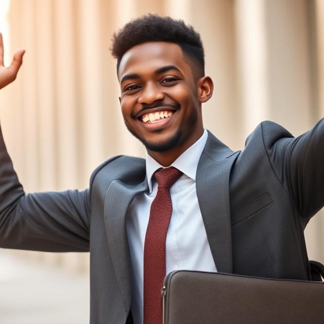 Happy excited businessman celebrating success in tech entrepreneurship and digital innovation, wearing a suit and smiling