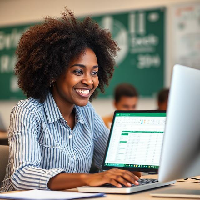 Female professional working on Excel spreadsheet on desktop computer, demonstrating computer skills and data analysis