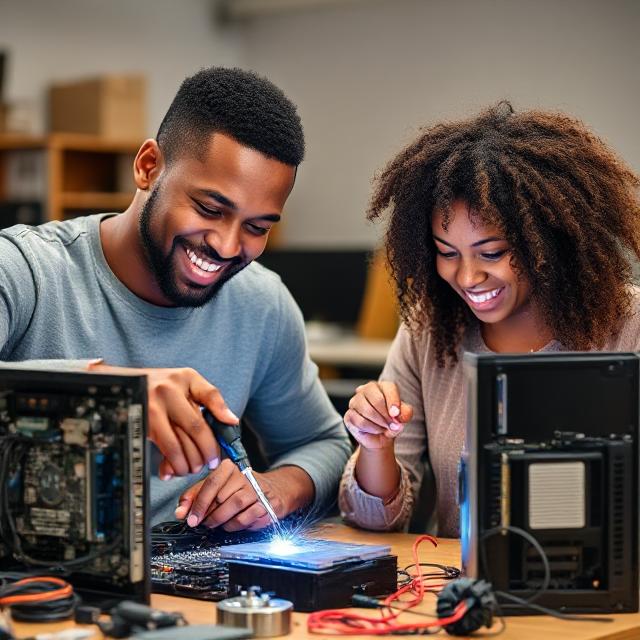 Male and female technicians performing advanced computer maintenance and soldering on desktop components