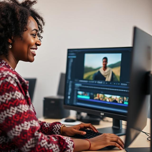Professional female video editor editing videos on desktop computer for high-quality video production