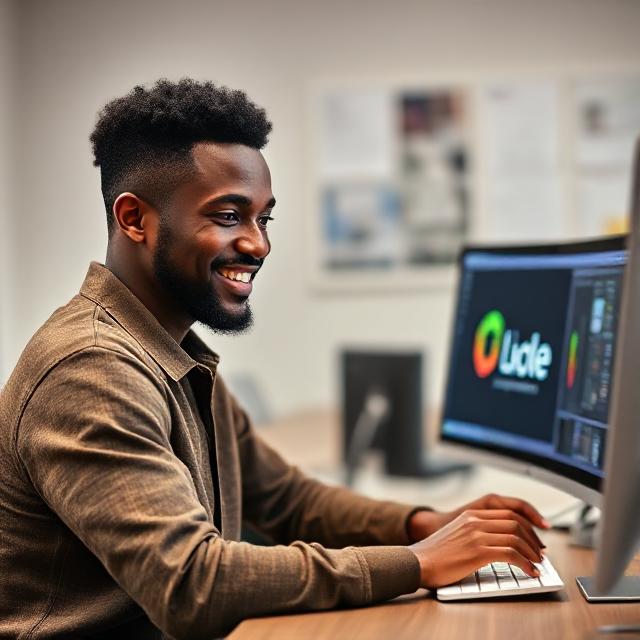 Male graphic designer creating a logo on desktop computer for branding project